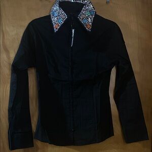 Equestrian Black Zip Down Shirt with Embellished Collar
